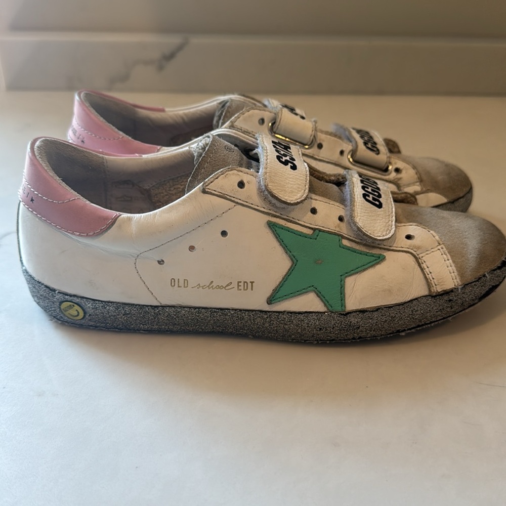 GOLDEN GOOSE Old School Leather Grip-Strap Glitter-Sole Sneakers size 35 us 5